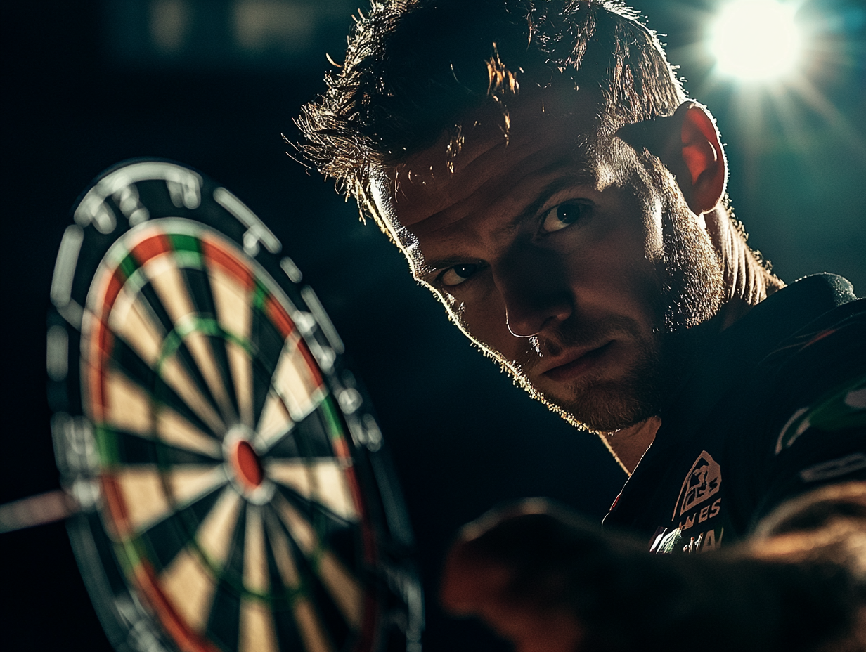 Competitive darts player throwing a bullseye with dramatic lighting